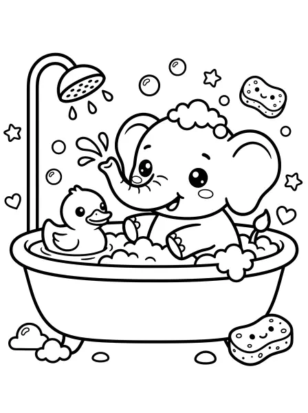 🛁 Elephant Coloring Page - This adorable page shows a baby elephant having a super fun bath with a smiling rubber ducky! Everything is drawn with bold black outlines and simple shapes, making it super easy for little hands to colour in. This one's sure to be a hit for bath time fun and you can easily print at home for a relaxing activity 🐘.