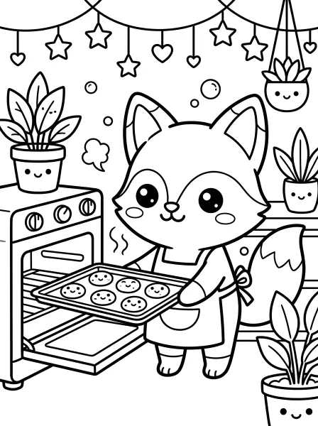 🍪 Fox Coloring Page – Get ready for a sweet treat with this adorable kawaii fox, who's just pulled a tray of smiley-faced cookies from the oven! The illustration is designed with bold black outlines and simple shapes, making it super easy to print and color. With big, cute eyes and a friendly smile, this kawaii fox is ready for a colorful baking adventure! 🦊💖