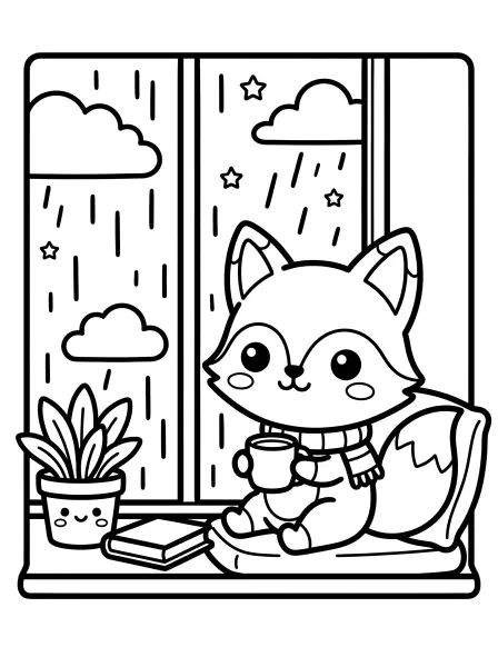🦊 Fox Coloring Page—Meet a super cute fox, all snuggled up by the window, watching the gentle rain! Drawn with bold black outlines and simple shapes, this sweet fox has big, friendly eyes and is wearing a cozy scarf while sipping on a warm drink ☕. Don't forget to color the smiling plant and the rain outside; this page is easy to print for a fun, rainy-day activity! 🌧️
