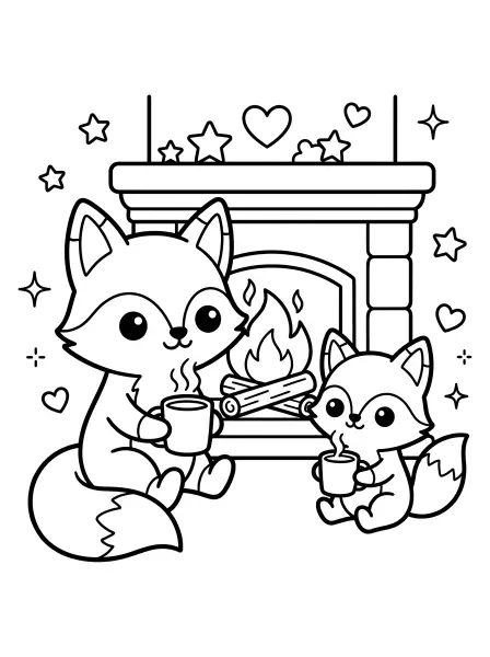 🐱 Fox Family Coloring Page—Snuggle up with this kawaii fox parent and baby, all cosy by a warm fireplace! They are enjoying mugs of hot cocoa, with cute little smiles and big, bright eyes, and drawn with bold black outlines and simple shapes that are easy to colour in. Perfect for a cosy autumn or winter activity—just print and enjoy! ☕️