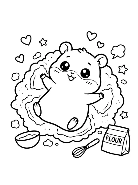 🐹 Hamster Coloring Page - This happy little hamster is having so much fun making a "snow" angel in a pile of flour, getting ready for some baking! With big, bright eyes and drawn with bold black outlines and simple shapes, this page is super easy to print and color, perfect for hours of creative fun. 🌟