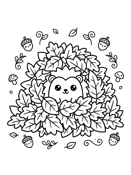 🍂Hedgehog Coloring Page—This adorable coloring page features a happy little hedgehog peeking out from a pile of autumn leaves! It’s designed with bold black outlines and simple shapes perfect for little hands to color, and the friendly acorns and mushrooms make it extra fun. Easy to print for an autumn craft or classroom activity! 🍄