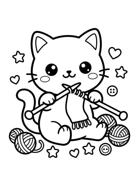 🐱 Kitten Knitting Coloring Page - This kawaii kitten is having a go at knitting with some super-sized needles! Drawn with big, bright eyes, bold black outlines, and surrounded by yarn balls, buttons, stars and hearts, this easy-to-print page is perfect for a cozy afternoon of crafting and coloring 🧶.