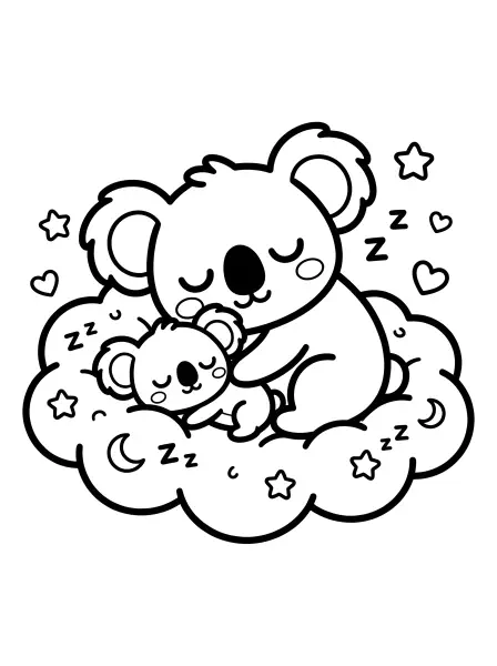 🐨 Koala Coloring Page—Dreamy, cuddly koalas snuggled up together for a nap on a fluffy cloud! This sweet illustration features a mommy koala and her baby joey, drawn with simple shapes and bold outlines, making it super fun and easy to color. Download and print for a relaxing coloring activity, perfect for bedtime or classroom crafts! 😴