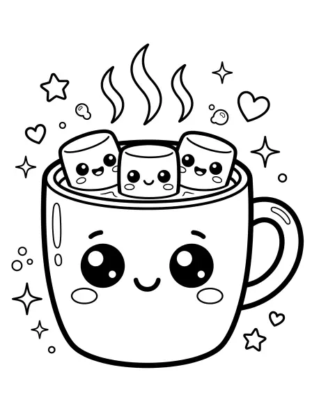 ☕ Mug Coloring Page – This adorable mug is full of smiles and yummy marshmallows! It's drawn with big, kawaii eyes and bold black outlines, perfect for little hands to colour. Print it out and add your favourite colours for a cozy, fun activity! 💖