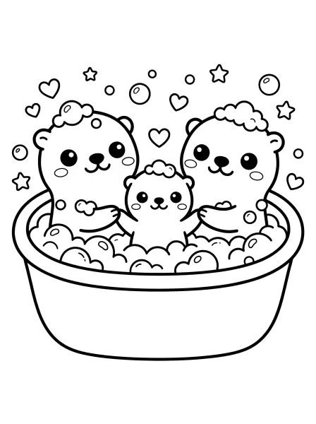 🐱 Otter Family Coloring Page - This cute otter family is having a blast in a bubbly bath! The bold black outlines and simple shapes make it easy to color, and their sweet little faces with big eyes and happy smiles are sure to bring joy! Make a splash with your crayons and bring this kawaii scene to life—perfect for a relaxing activity any day! ✨🌊
