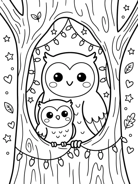 🦉Owl Family Coloring Page—Look at these adorable owls nestled in their tree-trunk home, complete with sparkly fairy lights! This super-cute illustration features bold outlines and simple shapes, making it perfect for little hands to colour, and it's easy to print, too. Let your creativity take flight, and give these kawaii owls a burst of colour! 🌟