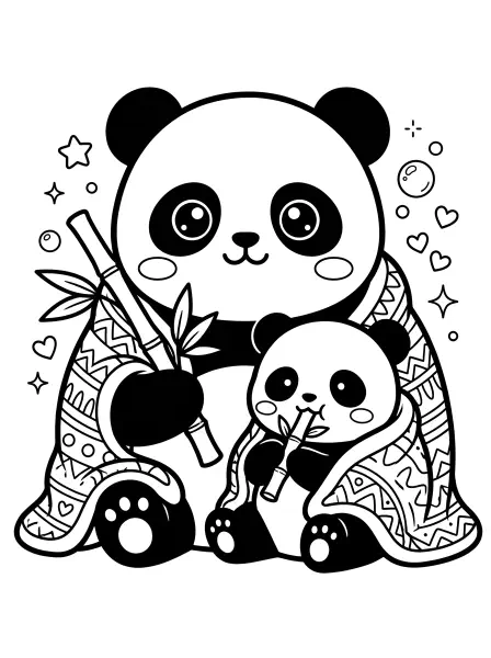 🐼 Panda Family Coloring Page - Look at this adorable panda parent and cub, all bundled up in warm blankets, munching on yummy bamboo! With big, bright eyes and sweet smiles, they're drawn with simple shapes and bold outlines that are super easy to color, making it a perfect activity for a cozy afternoon. Print it out and add your own colorful touch to these cuddly friends! 🐨
