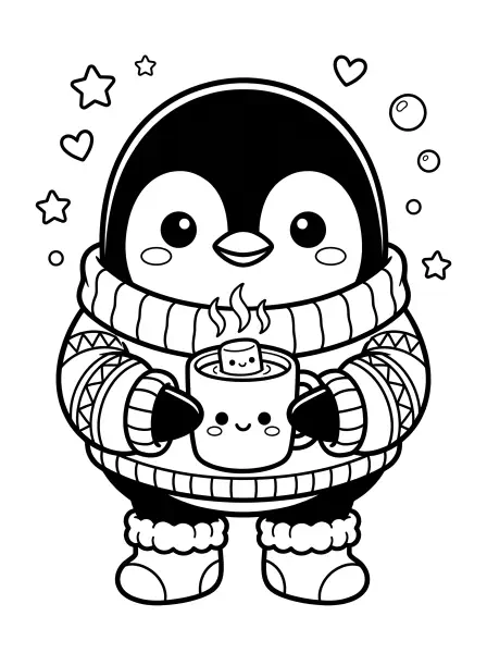 🐧 Penguin Coloring Page—Brrr! Bundle up with this cuddly kawaii penguin, all snug in an oversized knitted sweater and fuzzy socks! With big, friendly eyes and a steaming mug of cocoa featuring a smiling marshmallow, this page is perfect for winter fun. Drawn with bold black outlines and simple shapes, it's super easy to print and color for cozy, creative times! ☕️