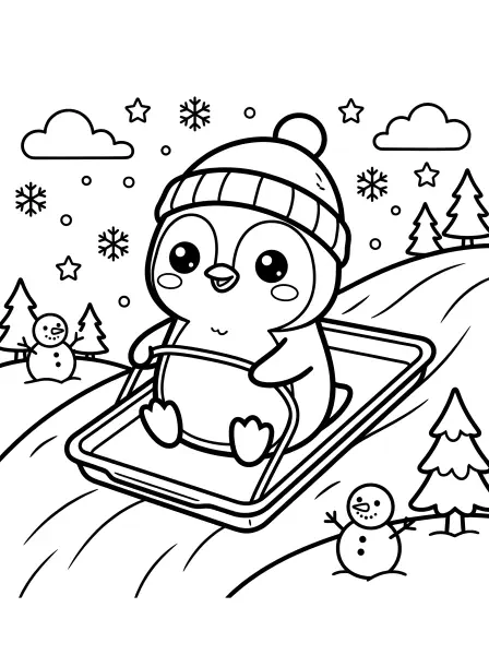 ❄️Penguin Coloring Page—Look at this super cute penguin having winter fun! The drawing features bold outlines, simple shapes, and a sweet smiling face that's easy to color. This happy penguin is ready for you to print and bring to life! Have fun❄️