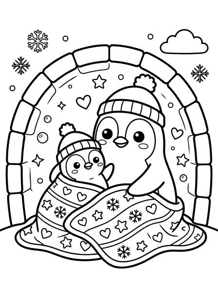 ❄️ Penguin Coloring Page—It's a super cute penguin parent and baby, snuggled up warm in their cozy igloo! They're sharing a big blanket decorated with snowflakes and hearts, and wearing matching bobble hats. Drawn with bold black outlines and simple shapes, this wintery scene is easy to print and colour in. Perfect for a chilly day activity! 🐧