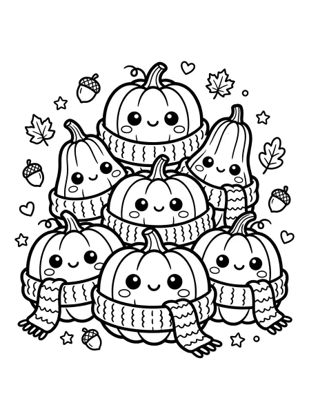 🍁 Pumpkin Pile Coloring Page - These cute pumpkins and gourds are all bundled up in cozy scarves and ready for a fun autumn coloring adventure! With their sweet smiles and big, kawaii eyes, plus bold, easy-to-color outlines, they are perfect for celebrating the fall season. Print it out and add your favorite colors for a cozy, festive activity! 🎃