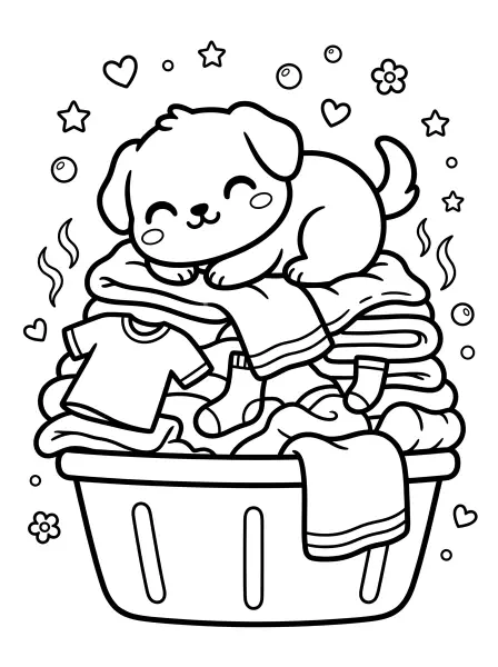 🐶 Puppy Coloring Page — Look at this sweet puppy, napping on a big pile of clean clothes! With its kawaii-style smiling face and simple shapes, it's so easy to color and makes a perfect bedtime activity. Print it out for some cozy, cuddly fun! 🧺