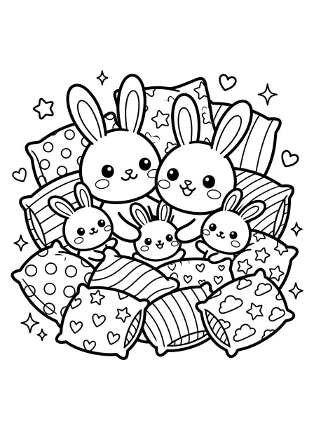 🐰Rabbit Family Coloring Page—Get ready for a snuggly adventure with this adorable rabbit family! They're all snuggled together in a giant pile of patterned pillows, with big kawaii eyes and friendly smiles! This page is drawn with bold black outlines and simple shapes, making it super easy to print and colour! Perfect for cosy-themed crafts! 🩷
