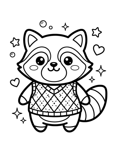 🐱 Raccoon Coloring Page—Check out this kawaii raccoon all dressed up in a patterned sweater vest! He has big, bright eyes, a sweet little smile, and is surrounded by stars and hearts, all drawn with bold black outlines and simple shapes that make it easy for little hands to color. It's perfect for a cozy autumn day or a fun classroom activity 🍂🖍️!