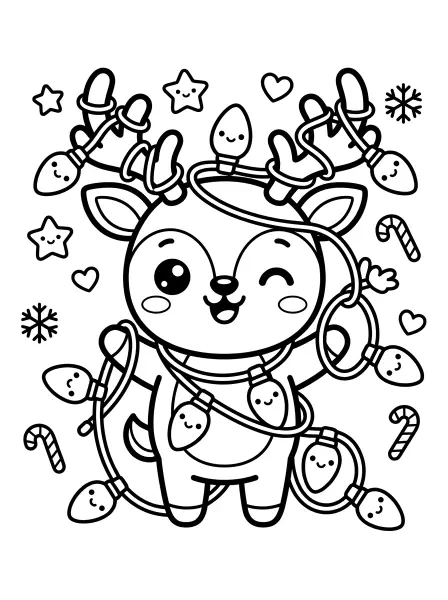 🎄 Reindeer Coloring Page — This super-sweet reindeer is all tangled up in a string of twinkling Christmas lights, and he's so happy about it! With big, kawaii eyes, a winking smile, and drawn in bold black outlines, this page is perfect for little hands to colour in. Easy to print for festive fun during the holidays! 🌟