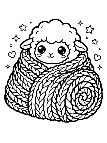 🐑 Sheep Coloring Page—This sweet sheep is all snuggled up in a big, chunky blanket, peeking out with big, kawaii eyes and a cute smile! Drawn with bold black outlines and simple shapes, it's super easy to print and color, making it perfect for a cozy winter craft! Snuggle up with this adorable coloring page and let your creativity flow! 💖✨