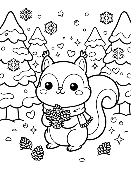 🐿️ Squirrel Coloring Page — This adorable squirrel is all bundled up in a cozy scarf and collecting pinecones in a kawaii winter wonderland! ❄️ With big, friendly eyes and simple shapes outlined in bold black, this printable page is perfect for little artists to bring to life with their favourite colours. A wonderful activity for winter crafts or seasonal fun! 🐿️