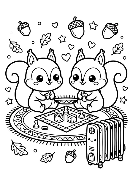 🐿️ Squirrels Coloring Page—These adorable kawaii squirrels are having so much fun playing a board game on a cosy rug! 🎲 Their big eyes and smiling faces will melt your heart, and everything is outlined in bold black lines, perfect for little hands to colour. This sweet scene is surrounded by acorns, leaves, and hearts and a cute smiling heater. Easy to print, it's a fantastic activity for rainy days or classroom fun! 🍁