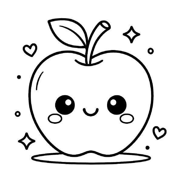 🍎 Apple Coloring Page – A cheerful kawaii-style apple with a cute face, perfect for kids to print and color. Bold black outlines, no shading, and ideal for learning about fruits or enjoying a fun creative break. 🎨🖍️🍏