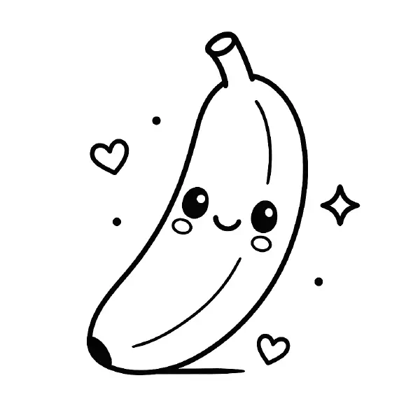 🍌 Banana Coloring Page – A happy kawaii-style banana with a friendly face, drawn in bold black lines with no shading. Perfect for kids to print and color, great for fruit-themed fun at home or in the classroom. 🎨🖍️😊