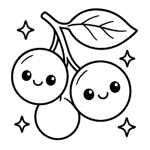 🍒 Redcurrant Coloring Page – A cute cluster of smiling redcurrants hanging from a branch, drawn in a playful, bold-lined kawaii style. Ideal for creative fruit fun at home or in the classroom. 🎨🍇🖍️