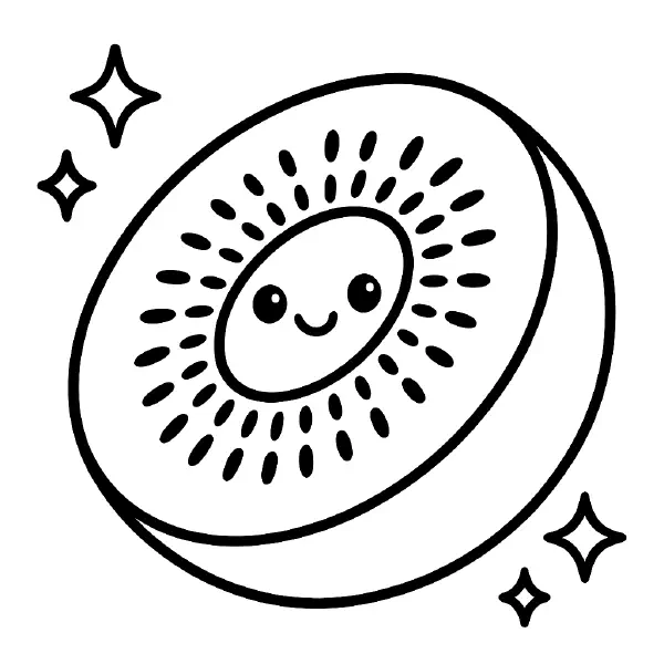 🥝 Kiwi Slice Coloring Page – A detailed kiwi slice in kawaii style, showing seeds and texture. Ideal for colorful fruit crafts and fun learning. 🎨🖍️🥝
