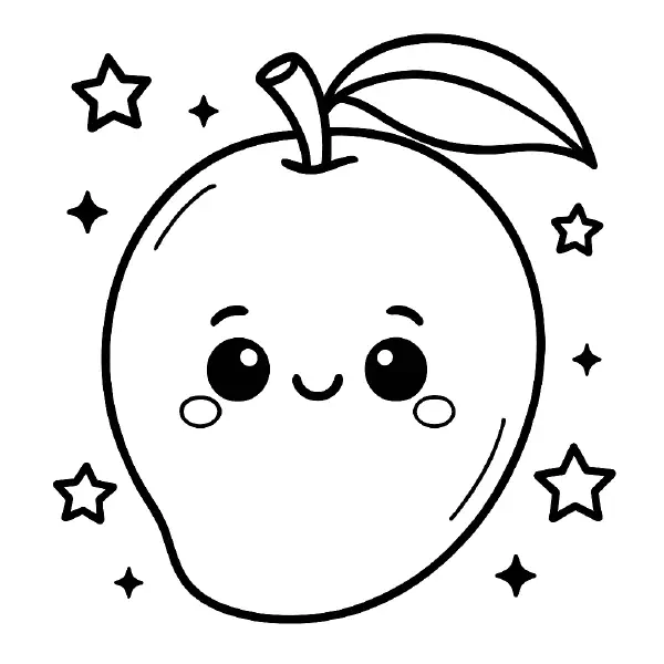 🥭 Mango Coloring Page – A sweet, smiling mango in adorable kawaii style, outlined in bold black for easy coloring fun. Great for tropical fruit themes and creative moments. 🎨🖍️😊