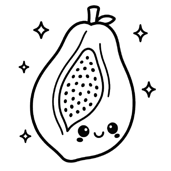 🍈 Papaya Coloring Page – A happy halved papaya with big kawaii eyes and visible seeds! Great for summer fruit lovers and young artists looking to explore exotic fruit illustrations. 🎨🥭🖍️