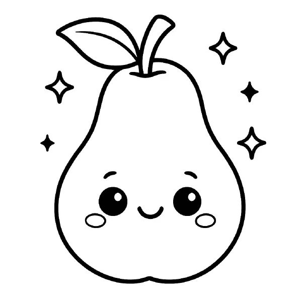 🍐 Pear Coloring Page – A round, smiling pear drawn in thick black lines, full of chibi charm. Perfect for fruit-themed coloring fun. 🍐🎨😊