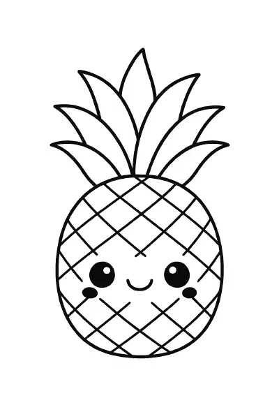 🍍 Pineapple Coloring Page – A fun and friendly kawaii-style pineapple with a happy face, outlined in bold black lines and easy to color. Perfect for kids to print and enjoy during creative time at home, school, or tropical-themed activities. 🎨🖍️
