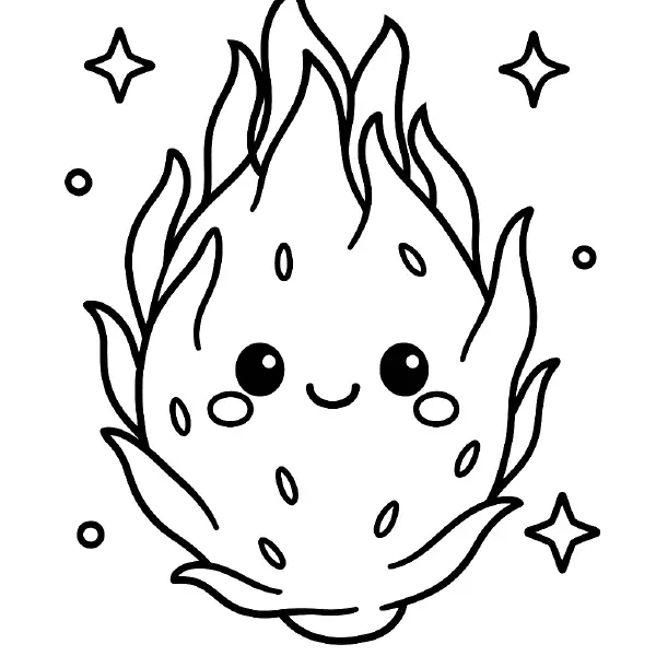 🐉 Dragon Fruit Coloring Page – A quirky and friendly dragon fruit with a big grin, surrounded by its spiky skin outline. This tropical fruit design is fun, unique, and perfect for a splash of creative imagination. 🎨🐉🖍️