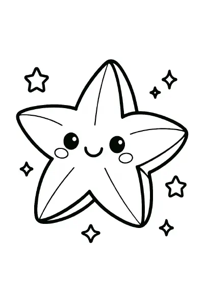 ⭐ Starfruit (Carambola) Coloring Page – A star-shaped fruit with a cute expression, perfect for coloring and discovering unique tropical produce. 🎨🖍️⭐