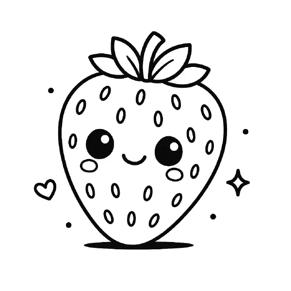🍓 Strawberry Coloring Page – A cute kawaii-style strawberry with a big smile, drawn in bold black lines with no shading. Easy to print and color, perfect for kids and great for fruit-themed fun at home or in the classroom. 🎨🖍️😊