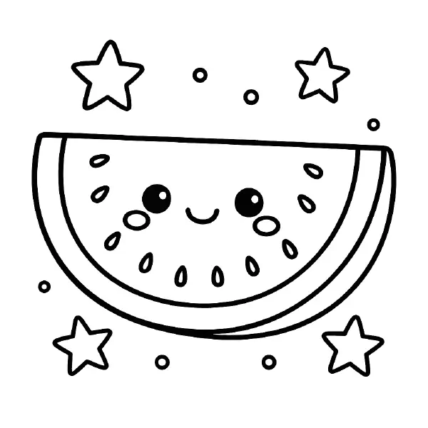 🍉 Watermelon Coloring Page – A juicy kawaii watermelon with a wide smile, thick black outlines, and cute energy. Great for summertime creativity! 🍉🎨😄