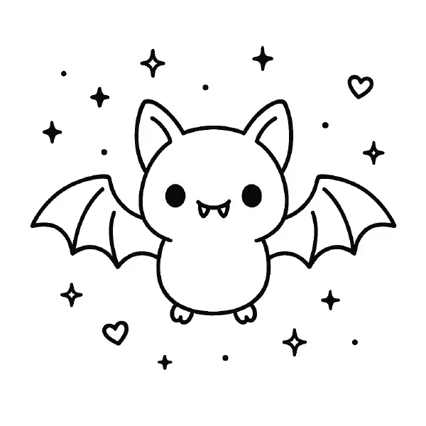 🦇 Bat Coloring Page — A sweet, smiling bat with big round eyes and tiny fangs spreads its wings, surrounded by twinkling stars and little hearts. Drawn with bold black outlines and simple shapes, it’s easy to print and color—perfect for Halloween crafts, nighttime themes, or classroom fun! 🌙