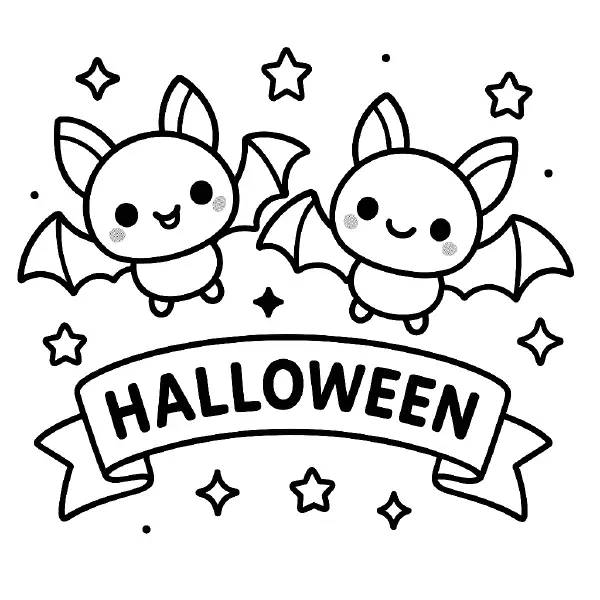 🦇 Halloween Bats Banner Coloring Page — Two kawaii bats with big, smiling faces flutter around a festive “HALLOWEEN” ribbon, sprinkled with twinkly stars. Drawn with bold black outlines and simple shapes, featuring chubby cheeks, cute ears, and friendly wings—easy to print and color, perfect for classroom parties, trick‑or‑treat crafts, or cozy fall art time. ⭐️