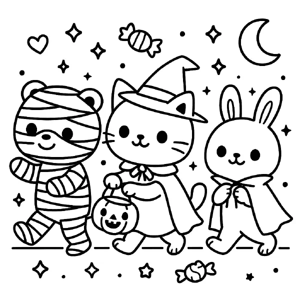 🎃 Halloween Parade Animals Coloring Page — A cute mummy bear, a witchy kitten with a pumpkin candy pail, and a caped bunny march with big smiles and kawaii eyes under the moon and stars. Drawn with bold black outlines and simple shapes, this friendly scene is easy to print and color—perfect for Halloween crafts, classroom fun, or trick‑or‑treat activities! 🍬