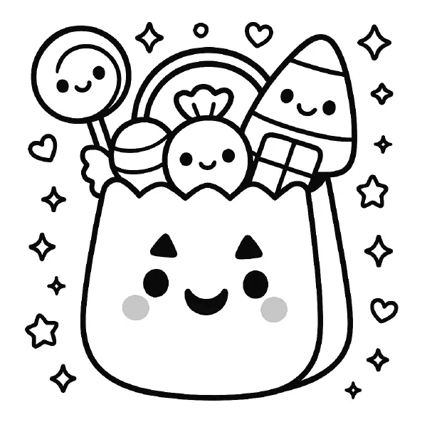 🎃 Trick‑or‑Treat Bag Coloring Page — A cheerful candy bag with a smiling face and rosy cheeks, overflowing with happy treats like a lollipop, candy corn, and wrapped sweets, all with big kawaii eyes and friendly grins. Drawn with bold black outlines and simple shapes, sprinkled with twinkly stars and hearts—easy to print and color for Halloween crafts, classroom fun, or party activities. 🍬