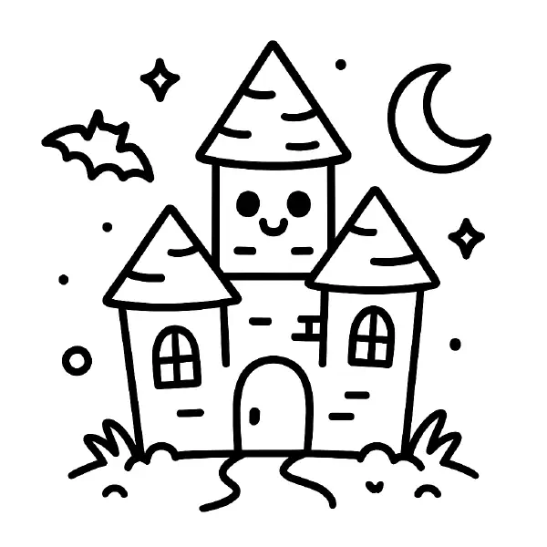 🏰 Haunted Castle Coloring Page — A kawaii, friendly castle with big smiling eyes, pointy towers, a crescent moon, and a little bat, all drawn with bold black outlines and simple shapes. Cute windows, an arched door, and twinkly stars make it extra fun, and the page is easy to print and color for Halloween crafts or classroom activities! 🌙