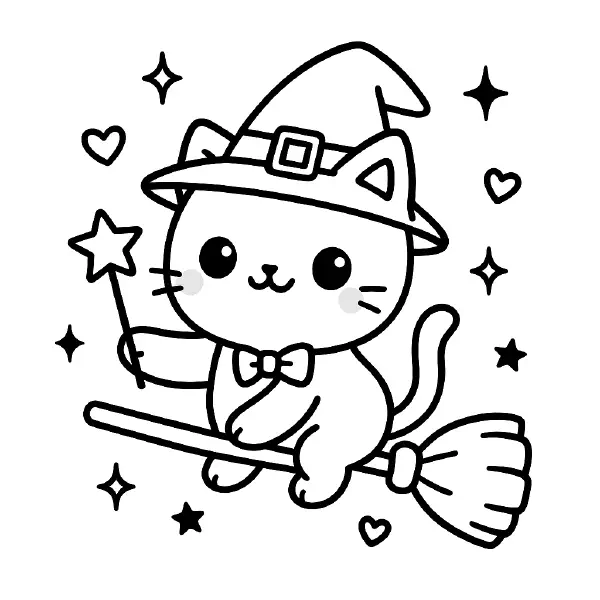 🐱 Magic Witch Cat Coloring Page — A kawaii kitty with big sparkly eyes and a friendly smile rides a broom, waving a star wand while wearing a pointy witch hat and a cute bow tie. Drawn with bold black outlines and simple shapes, this page is easy to print and color, with hearts and twinkly stars floating all around. Perfect for Halloween crafts, party fun, or classroom activities! ✨