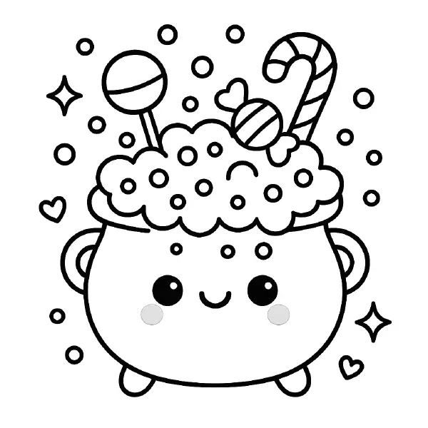 🍭 Baby Cauldron Coloring Page — A sweet, smiling cauldron with big kawaii eyes is bubbling over with fluffy candy foam, topped with a lollipop and candy cane, plus tiny hearts and sparkles. Drawn with bold black outlines and simple shapes, it’s easy to print and color—perfect for Halloween crafts, party fun, or classroom activities. 🍬
