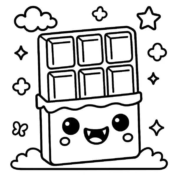 🍫 Chocolate Bar Coloring Page — A smiling, kawaii chocolate bar peeks from its wrapper with big twinkly eyes and a friendly little vampire grin, surrounded by cute stars and clouds. Bold black outlines and simple shapes make it easy to print and color, with chunky chocolate squares, rosy cheeks, and tiny fangs for spooky‑sweet fun—great for Halloween crafts or classroom activities! 🎃