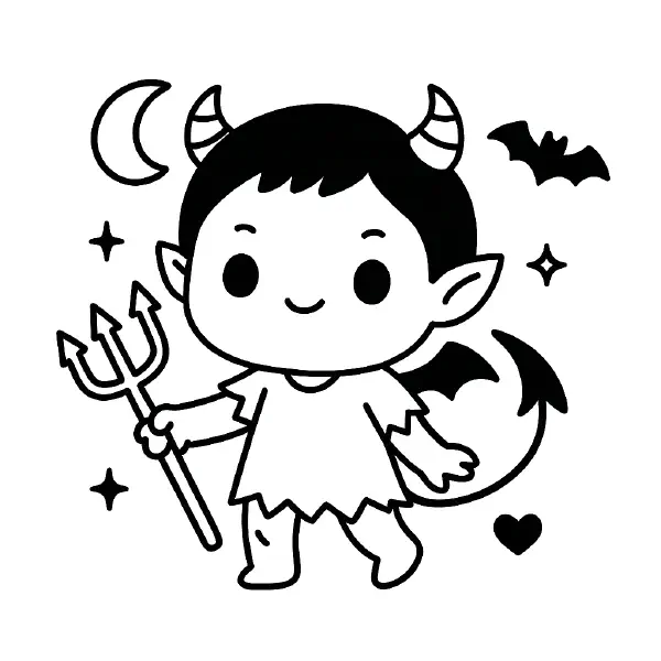 🎃 Cute Little Devil Coloring Page — A kawaii little devil with big round eyes, tiny horns, pointy ears, and a swishy tail smiles and waves among bats, hearts, sparkles, and a crescent moon. Drawn with bold black outlines and simple shapes, it’s easy to print and color—perfect for Halloween crafts and classroom fun! 🦇