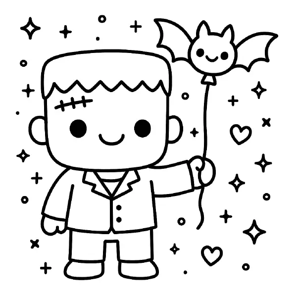 🦇 Friendly Frankenstein Coloring Page — A cute, smiling little monster with big round eyes holds a happy bat balloon, surrounded by sparkles and hearts! Drawn with bold black outlines and simple shapes, it’s perfect for small hands to color. Notice the tiny forehead stitches and tidy jacket—such charming details! Easy to print and great for Halloween crafts or classroom fun. 🎃