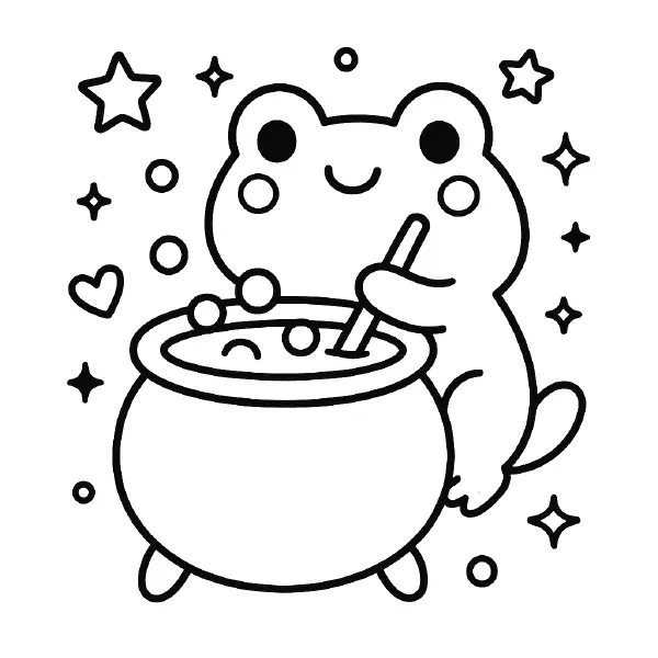 🐸 Magic Frog Coloring Page — A big‑eyed, smiling frog with chubby cheeks stirs a bubbly cauldron, surrounded by twinkly stars and a cute little heart. Drawn with bold black outlines and simple shapes, this kawaii scene is full of friendly expressions and sweet details like a spoon and floating bubbles. Easy to print and color—perfect for Halloween crafts, classroom fun, or cozy rainy‑day art! ✨ frog-cauldron