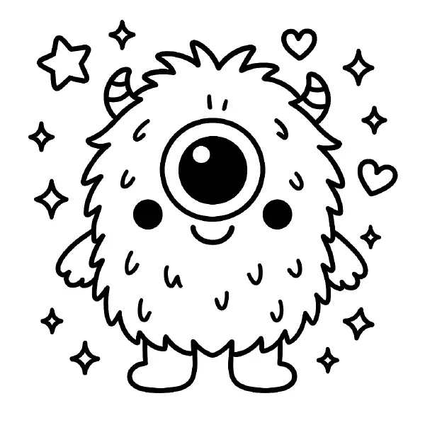 ✨ Fuzzy One‑Eyed Monster Coloring Page — a cuddly, kawaii cyclops with a giant sparkling eye, tiny horns, fluffy fur, and a sweet smile, surrounded by cute hearts and stars. Drawn with bold black outlines and simple shapes for little hands—easy to print and color for Halloween fun or classroom monster crafts! 👁️
