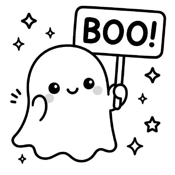 👻 Shy Ghost Coloring Page — A sweet, shy little ghost with big kawaii eyes and a friendly smile waves a “BOO!” sign, surrounded by twinkly stars. Drawn with bold black outlines and simple shapes, it features rosy cheeks and a tiny waving hand for extra cuteness. Easy to print and color—perfect for Halloween crafts, party favors, or classroom fun! ✨