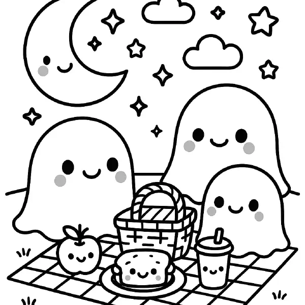 👻 Ghost Family Picnic Coloring Page — A trio of kawaii ghosts with big eyes and rosy cheeks enjoy a moonlit picnic with a cute basket, smiling sandwich, apple, and drink, all under a friendly crescent moon, twinkly stars, and fluffy clouds. Bold black outlines and simple shapes make it easy to print and color—perfect for Halloween crafts and classroom fun! 🌙