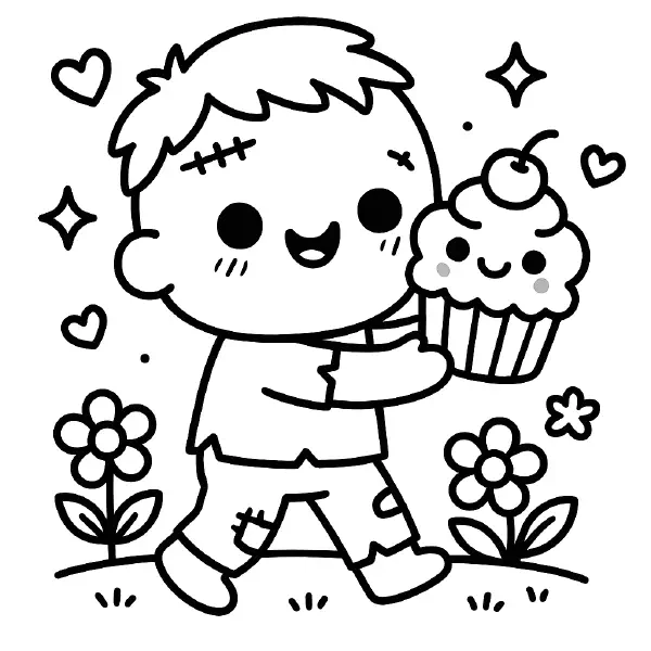 🧁 Happy Zombie Coloring Page — A cute, friendly zombie with big, sparkling eyes carries a smiling cupcake topped with a cherry, all drawn with bold black outlines and simple shapes. Tiny stitches and patchy pants add fun details, making this easy‑to‑print, easy‑to‑color page perfect for Halloween crafts or cheerful classroom activities. 🎃